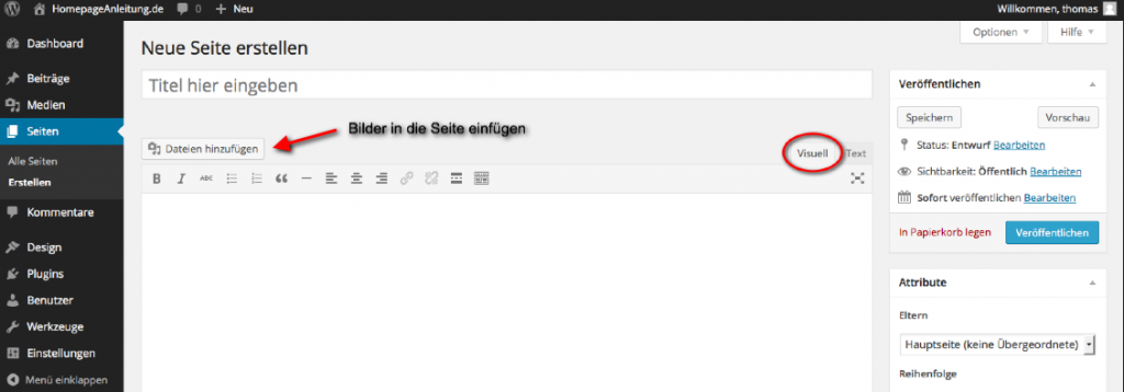 Seiten erstellen und Texte einfügen