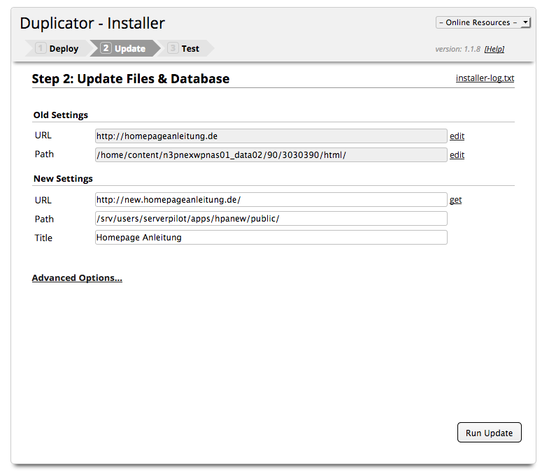 Wordpress umziehen - Backup Installation Schritt 2