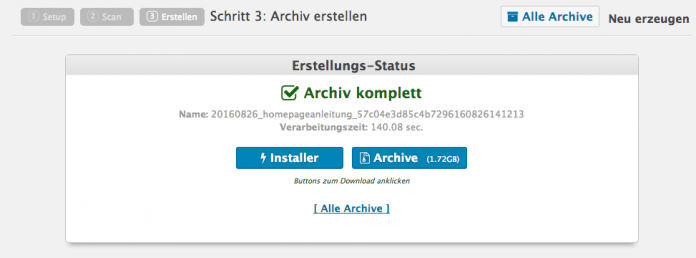 Wordpress umziehen - Das Backup wurde abgeschlossen