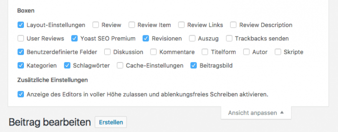 Die verfügbaren Funktionen der Beiträge Seite
