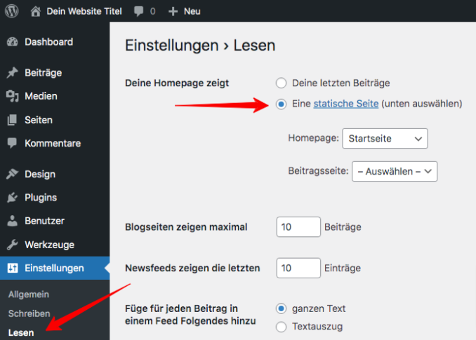WordPress-Startseite ändern